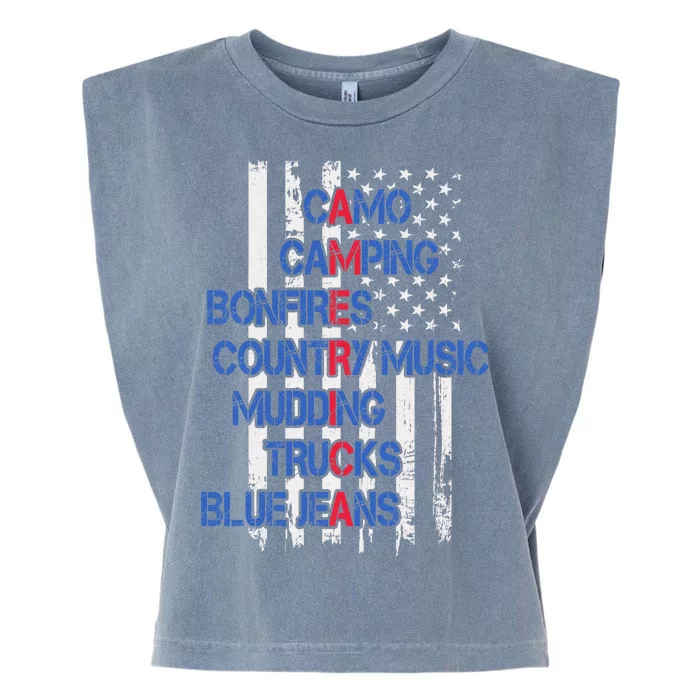 Camo Camping Bonfires Country Music Mudding  Trucks Blue Jeans Garment-Dyed Women's Muscle Tee