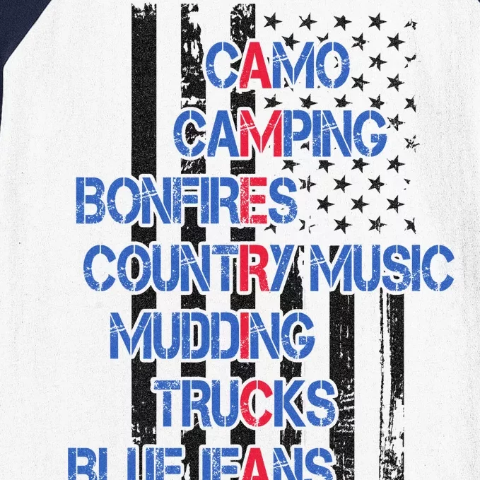 Camo Camping Bonfires Country Music Mudding  Trucks Blue Jeans Baseball Sleeve Shirt