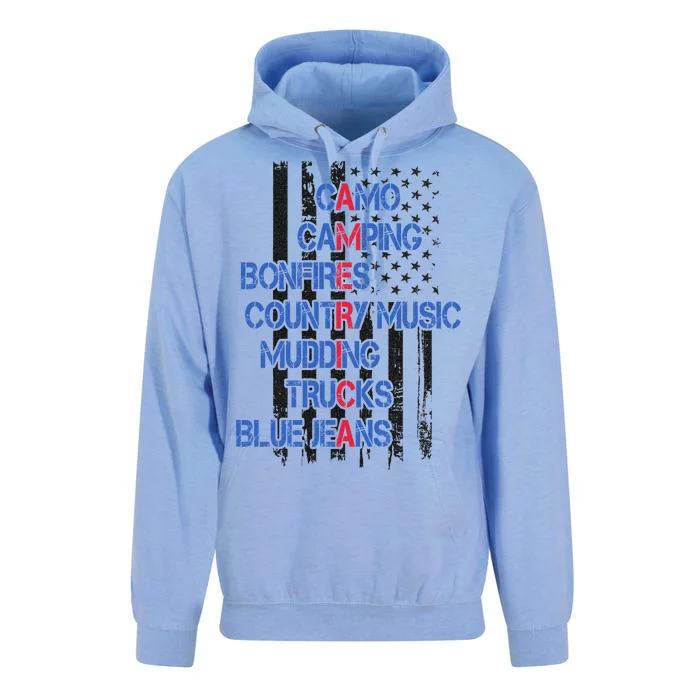 Camo Camping Bonfires Country Music Mudding  Trucks Blue Jeans Unisex Surf Hoodie