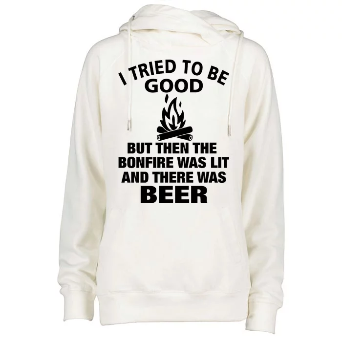 Camping Bonfire And Beer Womens Funnel Neck Pullover Hood