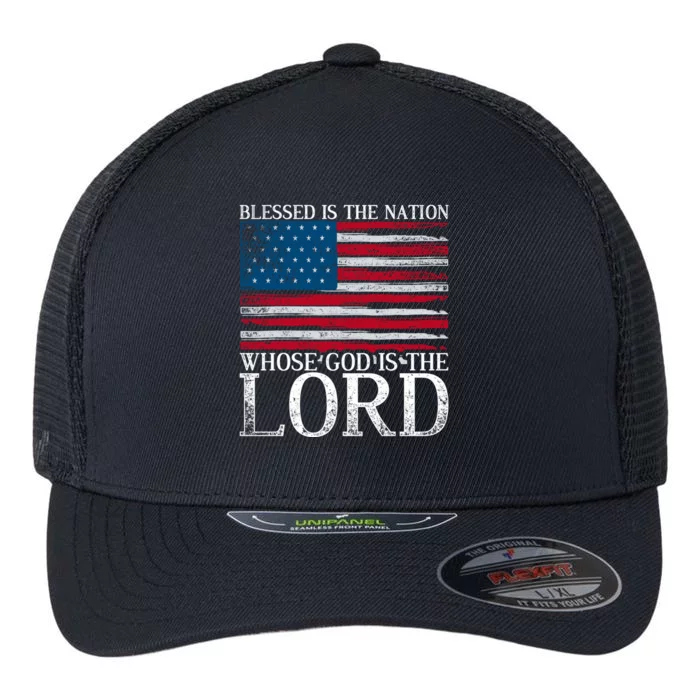 Christian American Nation Usa Flag Bible Patriotic Prayer Gift Flexfit Unipanel Trucker Cap