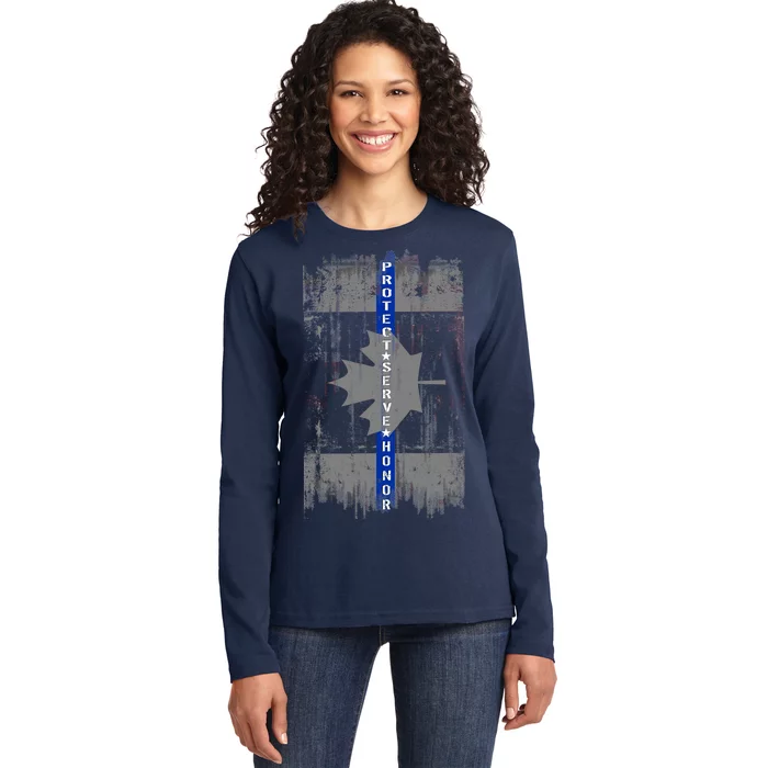 Canadian Vintage Flag Police Blue Stripe Line Ladies Long Sleeve Shirt