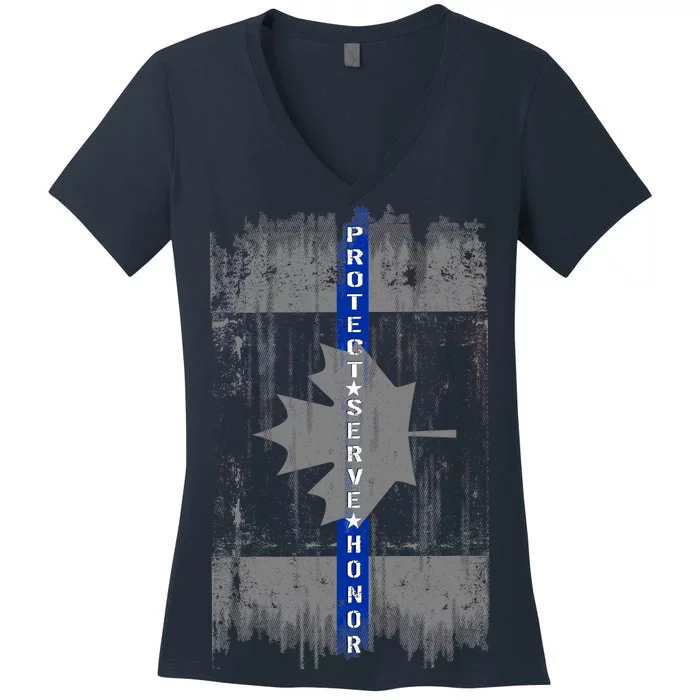 Canadian Vintage Flag Police Blue Stripe Line Women's V-Neck T-Shirt