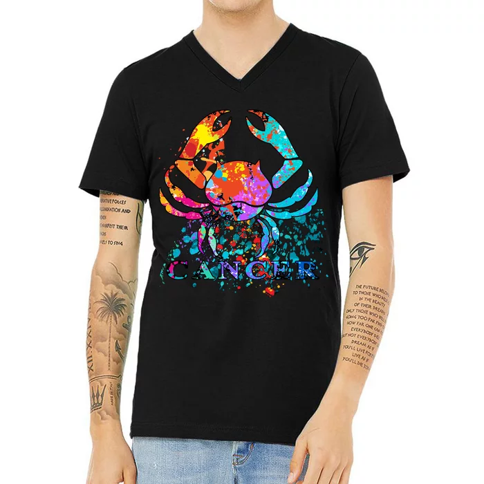 Cancer Zodiac Sign Crab Colorful V-Neck T-Shirt