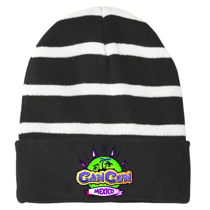 Cancun Tropical Logo Striped Beanie with Solid Band