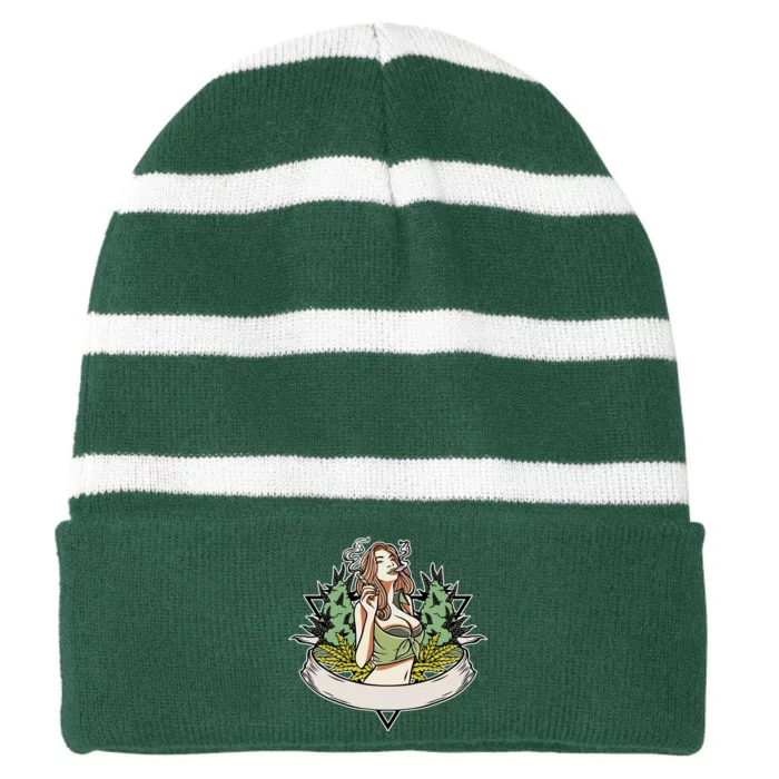 Cannabis Lady Smoking Pot Striped Beanie with Solid Band