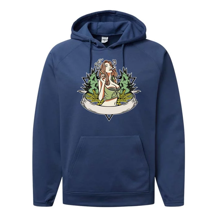 Cannabis Lady Smoking Pot Performance Fleece Hoodie