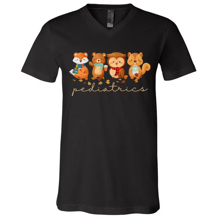 Cute Animals Pediatric Nurse Leaves Fall Thanksgiving Peds V-Neck T-Shirt