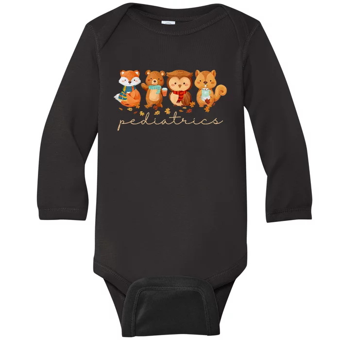 Cute Animals Pediatric Nurse Leaves Fall Thanksgiving Peds Baby Long Sleeve Bodysuit