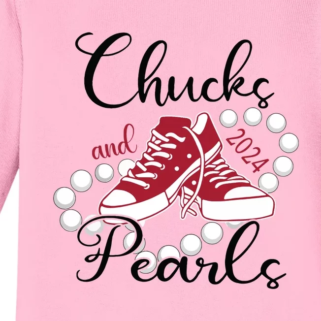 Chucks And Pearls Im With Her Kamala 2024 For President 47 Baby Long Sleeve Bodysuit