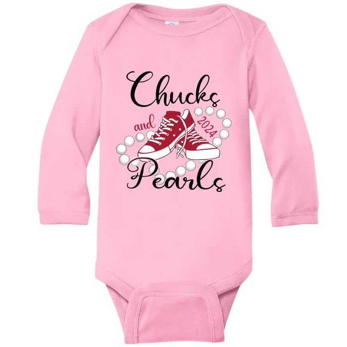 Chucks And Pearls Im With Her Kamala 2024 For President 47 Baby Long Sleeve Bodysuit