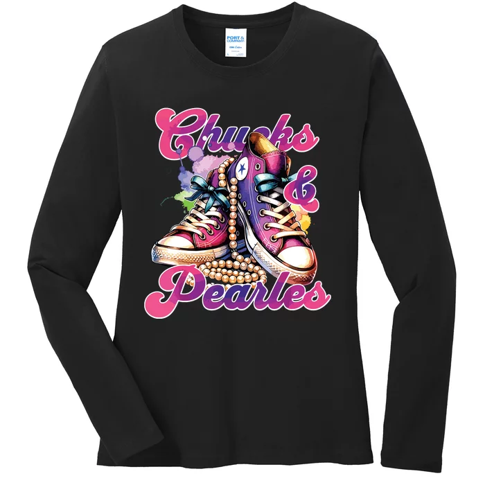 Chucks And Pearls Im With Her Kamala Ladies Long Sleeve Shirt