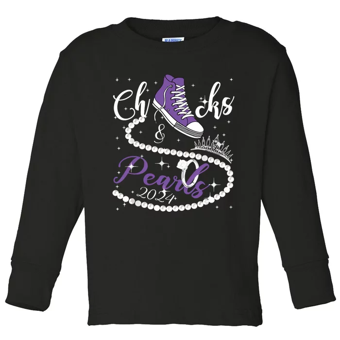 Chucks And Pearls 2024 Kamala Harris 2024 Vote President 47 Toddler Long Sleeve Shirt