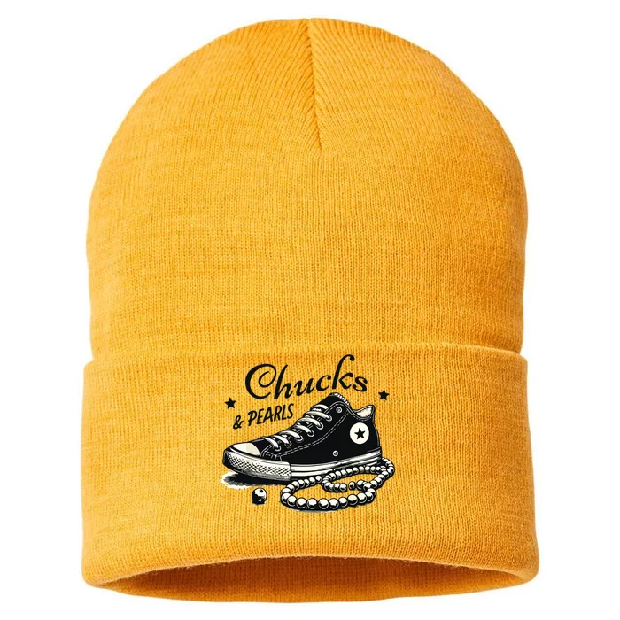 Chucks And Pearls Im With Her Kamala 2024 Sustainable Knit Beanie