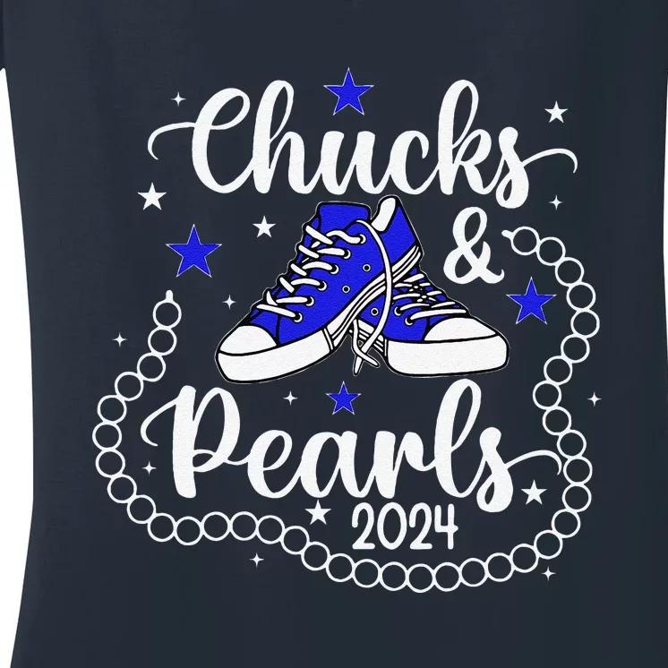 Chucks And Pearls Kamala Harris 2024 Meme Vote President Women's V-Neck T-Shirt