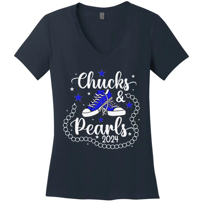 Chucks And Pearls Kamala Harris 2024 Meme Vote President Women's V-Neck T-Shirt