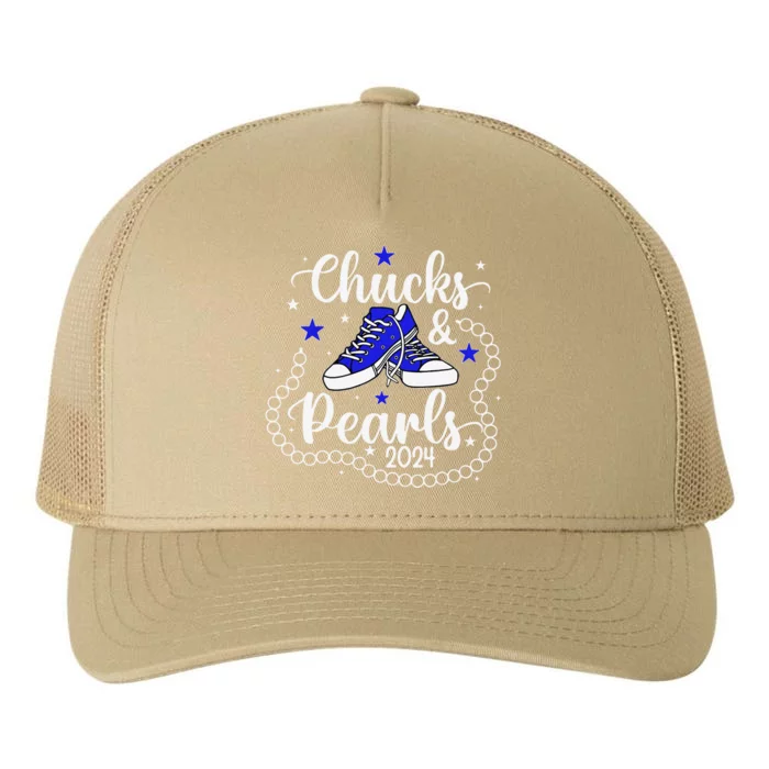 Chucks And Pearls Kamala Harris 2024 Meme Vote President Yupoong Adult 5-Panel Trucker Hat