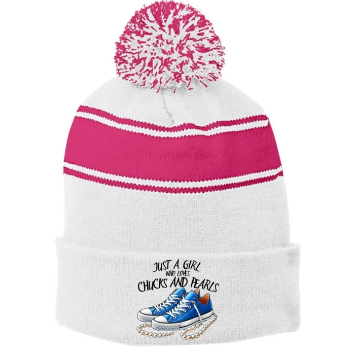 Chuck And Pearls Just A Girl Who Loves Chucks And Pearls Stripe Pom Pom Beanie