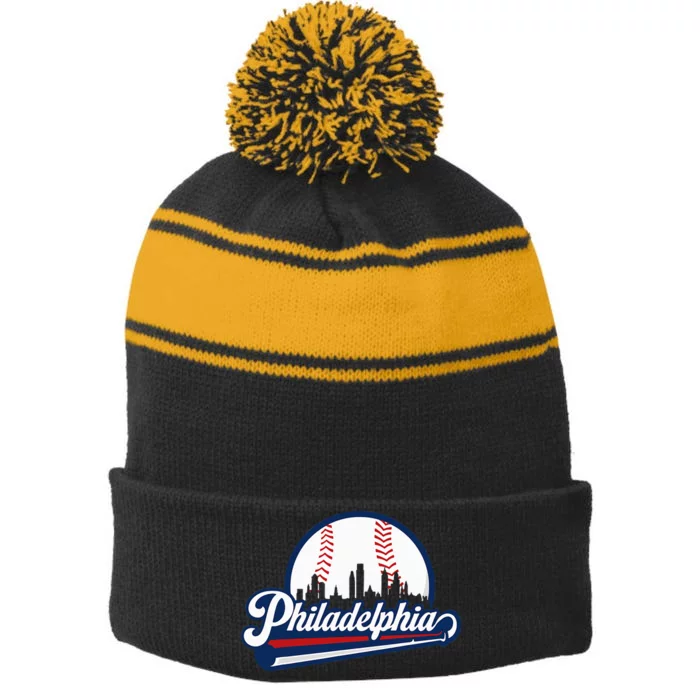 Cityscape Art Print Philadelphia Skyline in Bold Typography Stripe Pom Pom Beanie