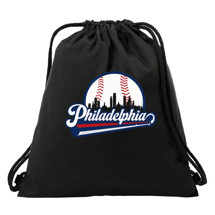 Cityscape Art Print Philadelphia Skyline in Bold Typography Drawstring Bag