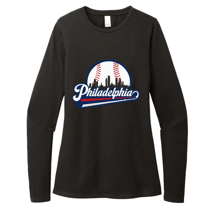 Cityscape Art Print Philadelphia Skyline in Bold Typography Womens CVC Long Sleeve Shirt