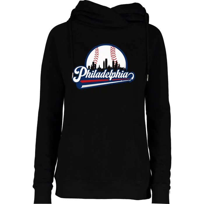 Cityscape Art Print Philadelphia Skyline in Bold Typography Womens Funnel Neck Pullover Hood