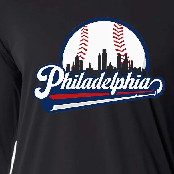 Cityscape Art Print Philadelphia Skyline in Bold Typography Cooling Performance Long Sleeve Crew