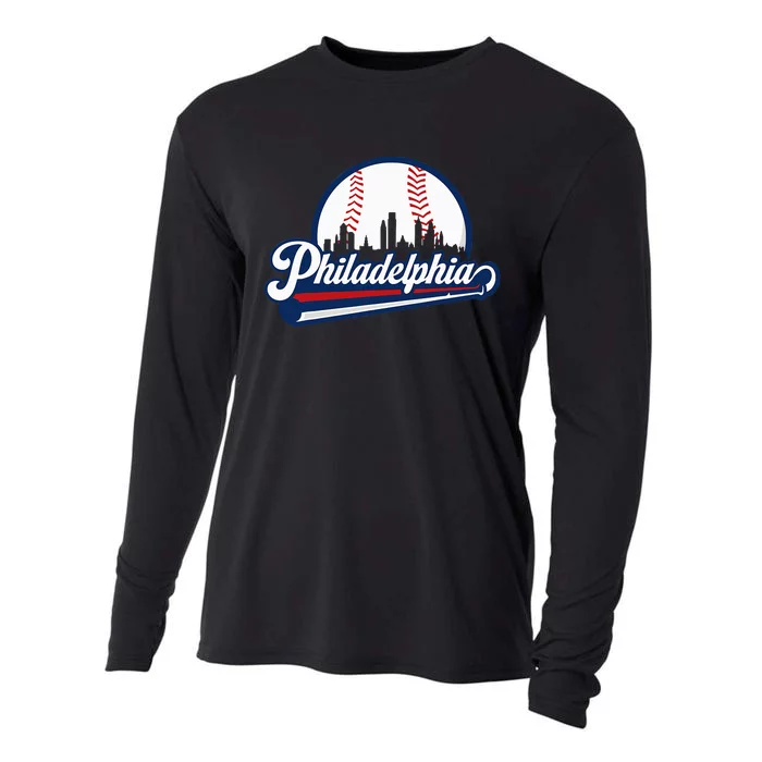 Cityscape Art Print Philadelphia Skyline in Bold Typography Cooling Performance Long Sleeve Crew