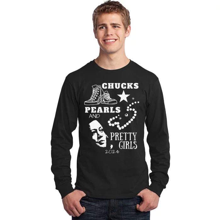 Chucks And Pearls Cute Women Teacher Kamala 2024 Tall Long Sleeve T-Shirt