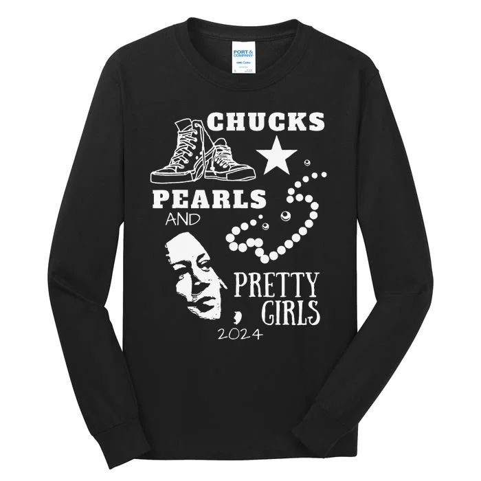 Chucks And Pearls Cute Women Teacher Kamala 2024 Tall Long Sleeve T-Shirt