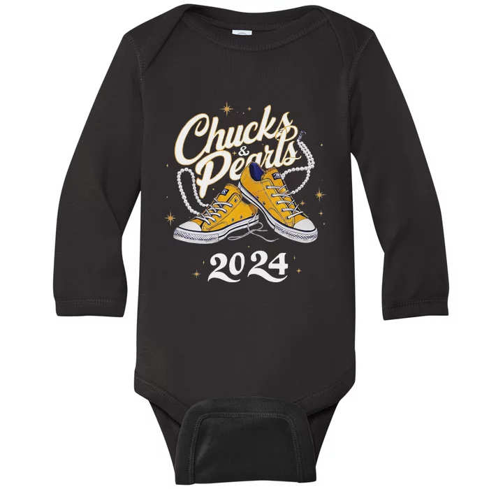 Chucks And Pearls 2024 Kamala Harris For President Baby Long Sleeve Bodysuit