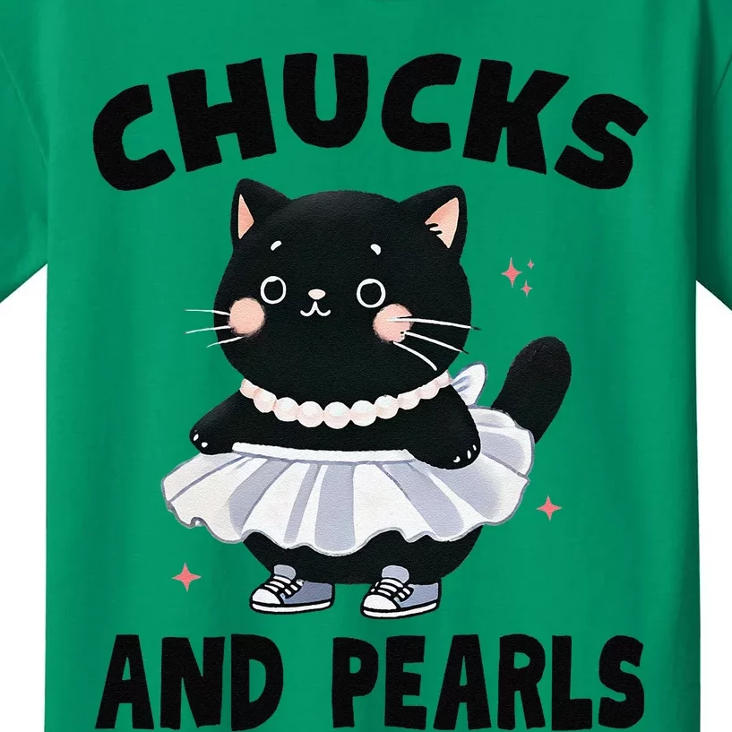 Chucks And Pearls Cute Black Cat Black History Proud Women Kids T-Shirt