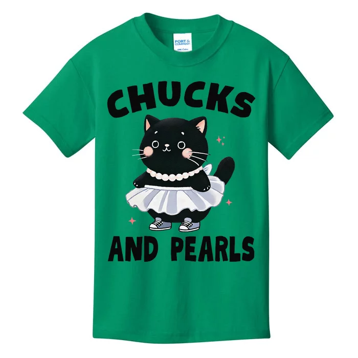 Chucks And Pearls Cute Black Cat Black History Proud Women Kids T-Shirt