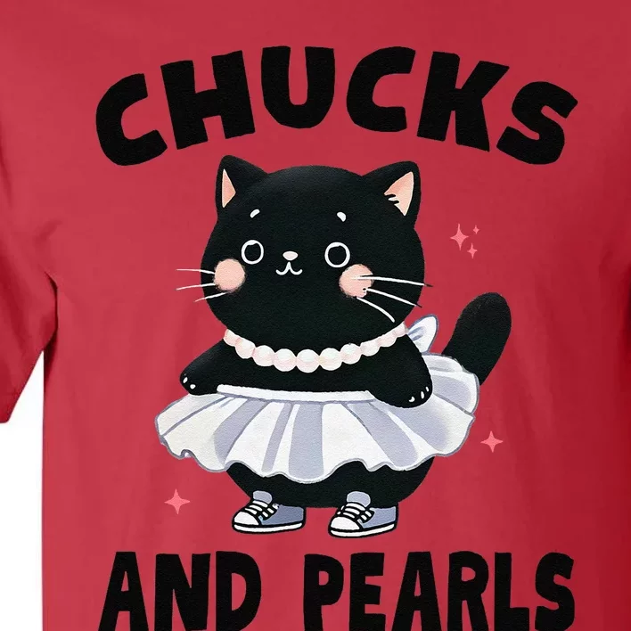 Chucks And Pearls Cute Black Cat Black History Proud Women Tall T-Shirt