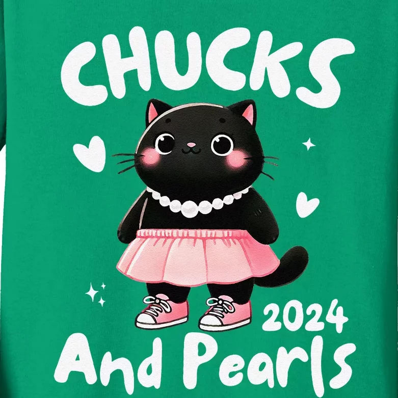 Chucks And Pearls Cute Black Cat Black History Proud Women Kids Long Sleeve Shirt