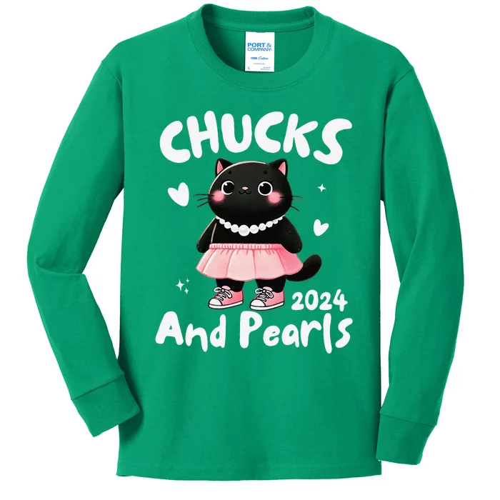 Chucks And Pearls Cute Black Cat Black History Proud Women Kids Long Sleeve Shirt