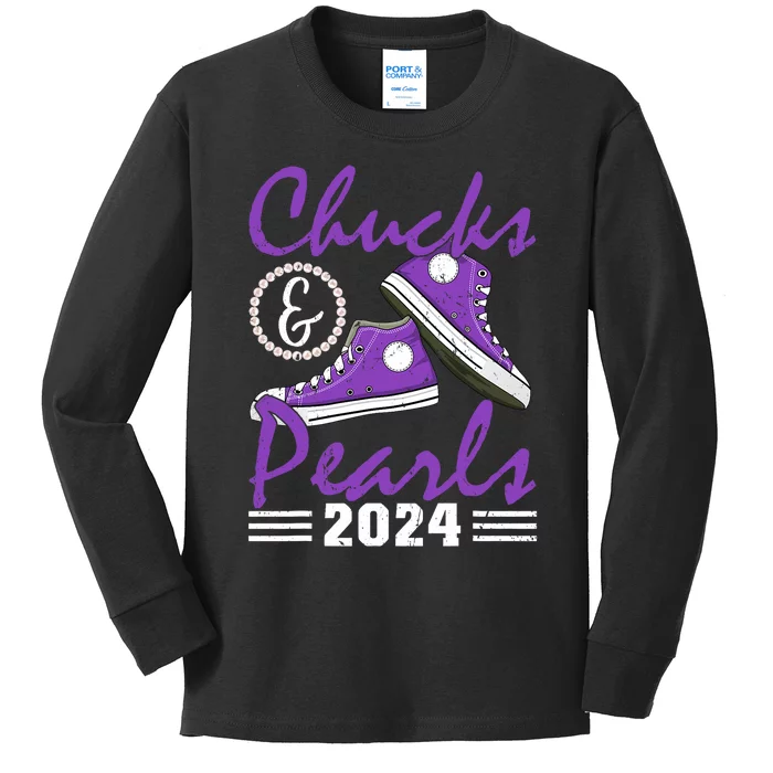 Chucks And Pearls 2024 Voting For Kamala Harris Usa Election Kids Long Sleeve Shirt