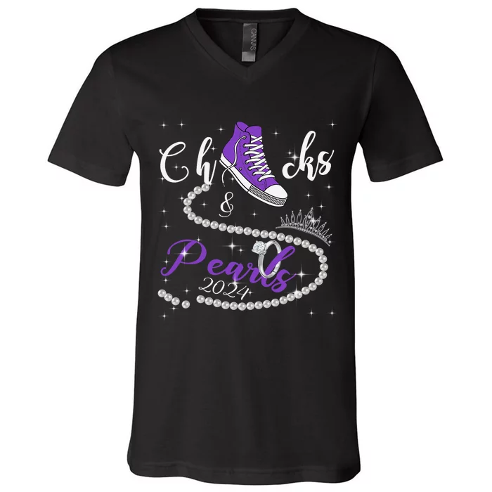 Chucks And Pearls 2024 Kamala Harris 2024 Vote President 47 V-Neck T-Shirt