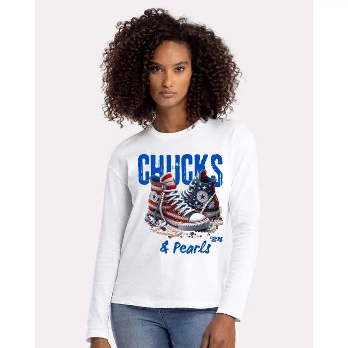 Chucks And Pearls Cute Women 2024 Womens Cotton Relaxed Long Sleeve T-Shirt