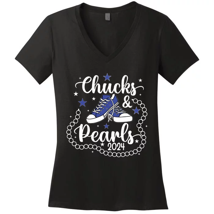 Chucks And Pearls Kamala Harris 2024 Meme Vote President Women's V-Neck T-Shirt