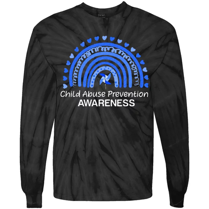 Child Abuse Prevention Awareness Blue Boho Rainbow Pinwheel Tie-Dye Long Sleeve Shirt