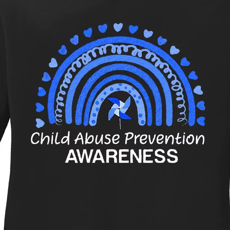 Child Abuse Prevention Awareness Blue Boho Rainbow Pinwheel Ladies Long Sleeve Shirt