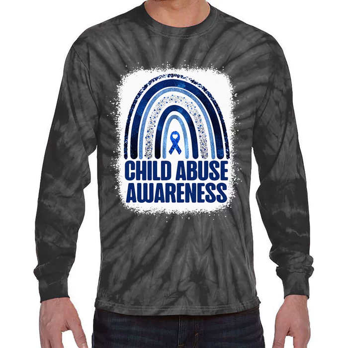 Child Abuse Prevention Awareness Blue Rainbow Bleached Tie-Dye Long Sleeve Shirt