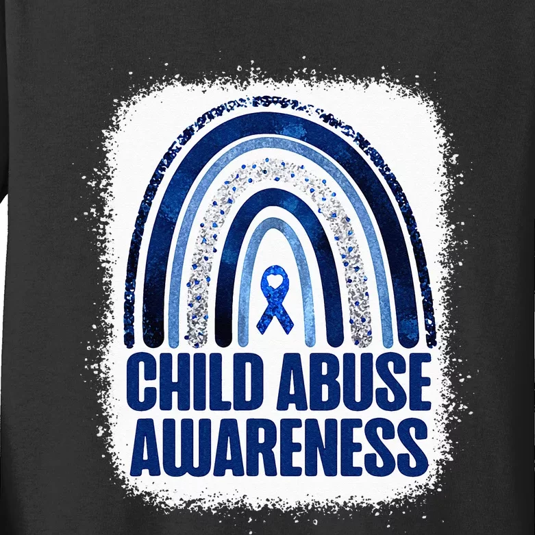 Child Abuse Prevention Awareness Blue Rainbow Bleached Kids Long Sleeve Shirt