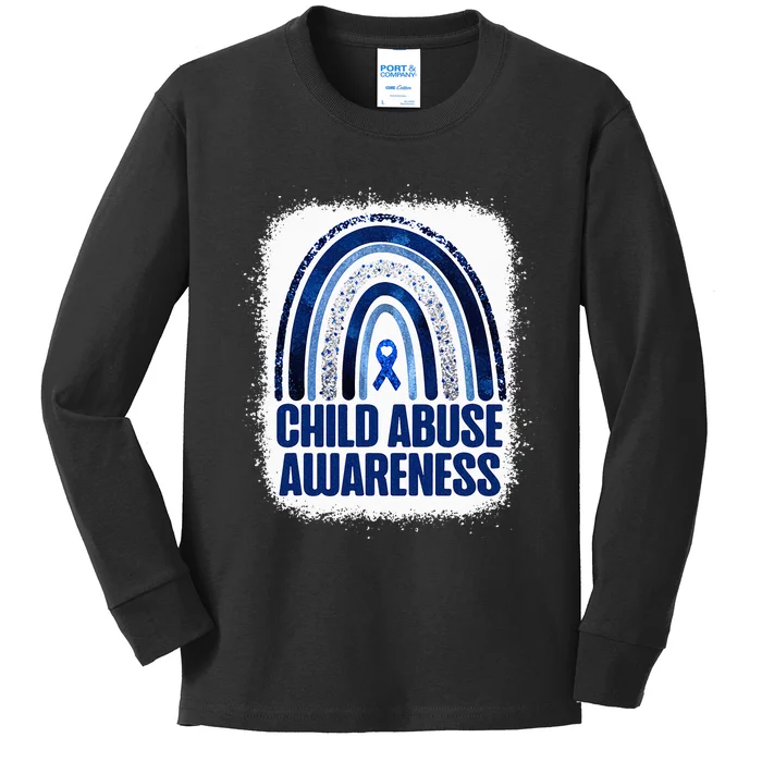 Child Abuse Prevention Awareness Blue Rainbow Bleached Kids Long Sleeve Shirt