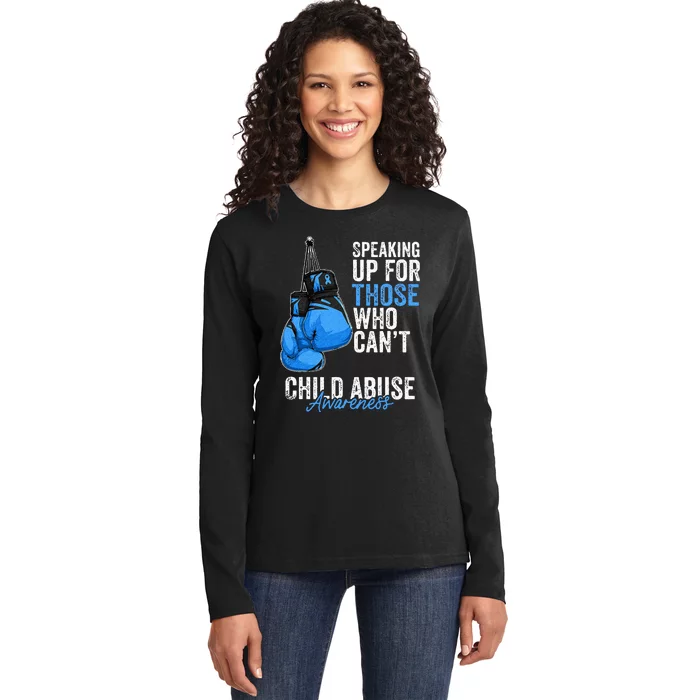 Child Abuse Prevention Awareness Boxing Gloves Blue Ribbon Ladies Long Sleeve Shirt