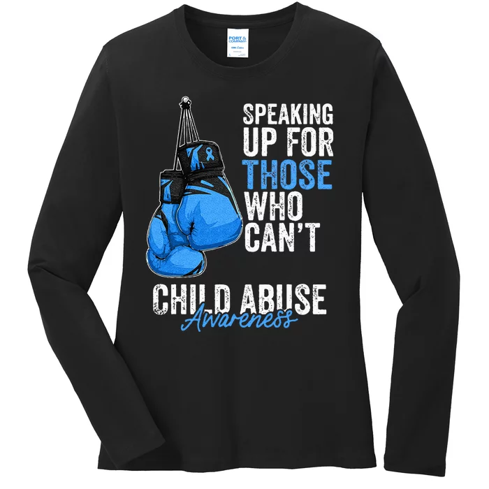 Child Abuse Prevention Awareness Boxing Gloves Blue Ribbon Ladies Long Sleeve Shirt