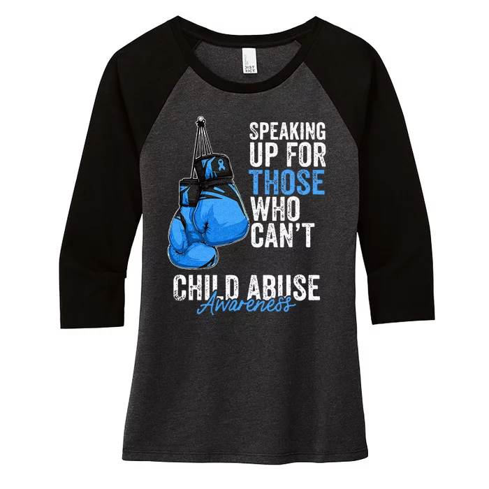 Child Abuse Prevention Awareness Boxing Gloves Blue Ribbon Women's Tri-Blend 3/4-Sleeve Raglan Shirt