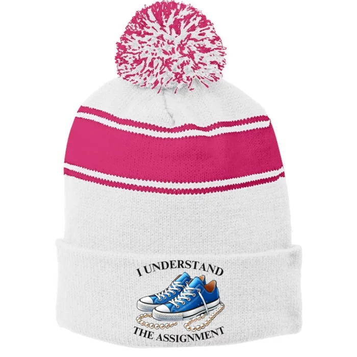 Chucks And Pearls Kamala 2024 I Understand The Assignment Stripe Pom Pom Beanie