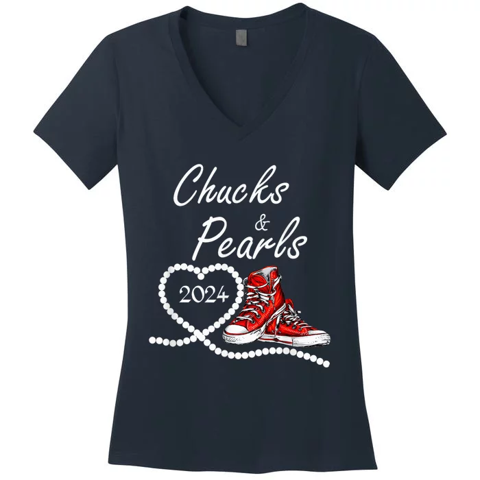 Chucks And Pearls 2024 Kamala Harris For President 47th Women's V-Neck T-Shirt